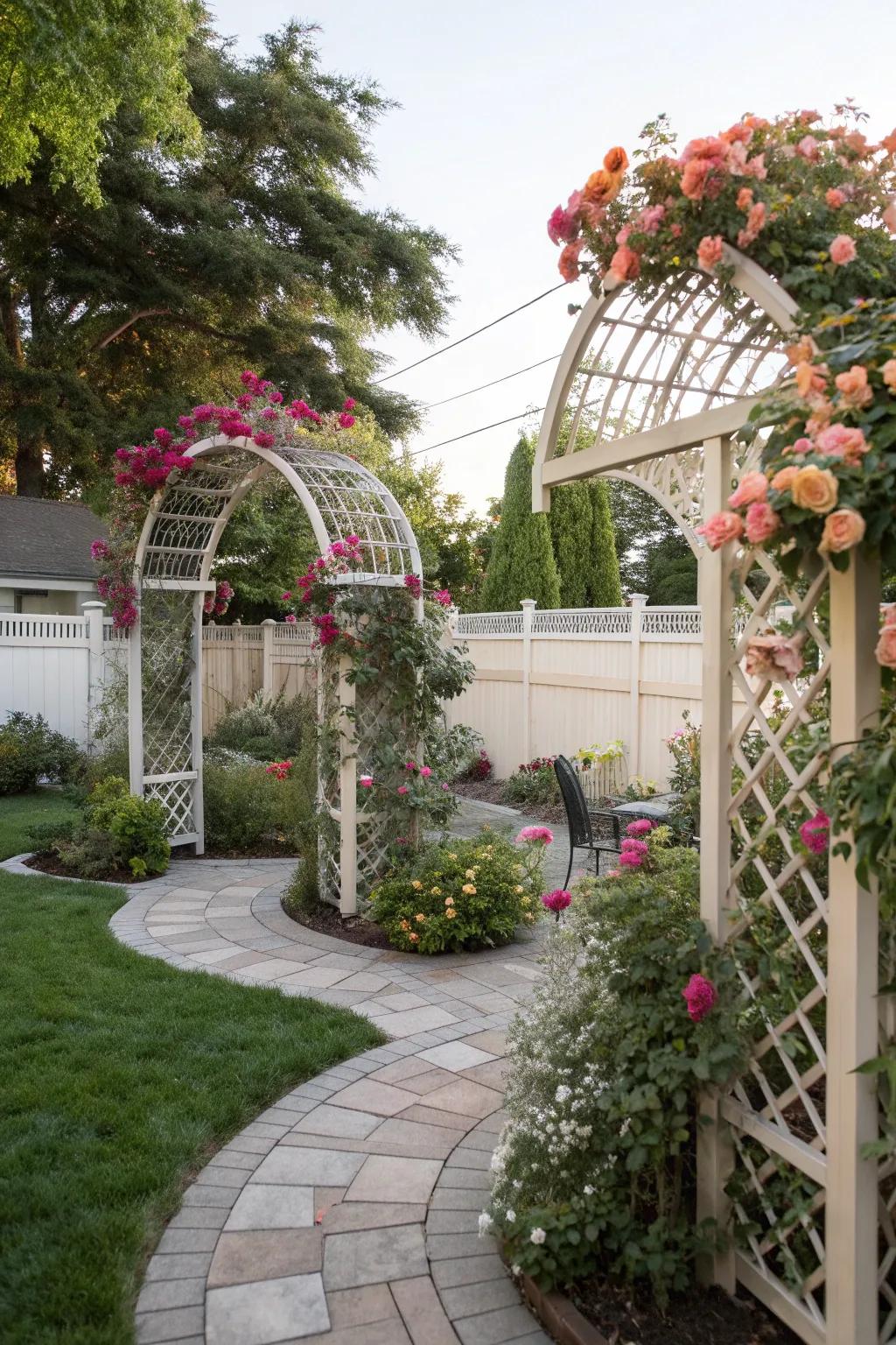 Whimsical trellises introduce vertical beauty to a pie-shaped backyard.