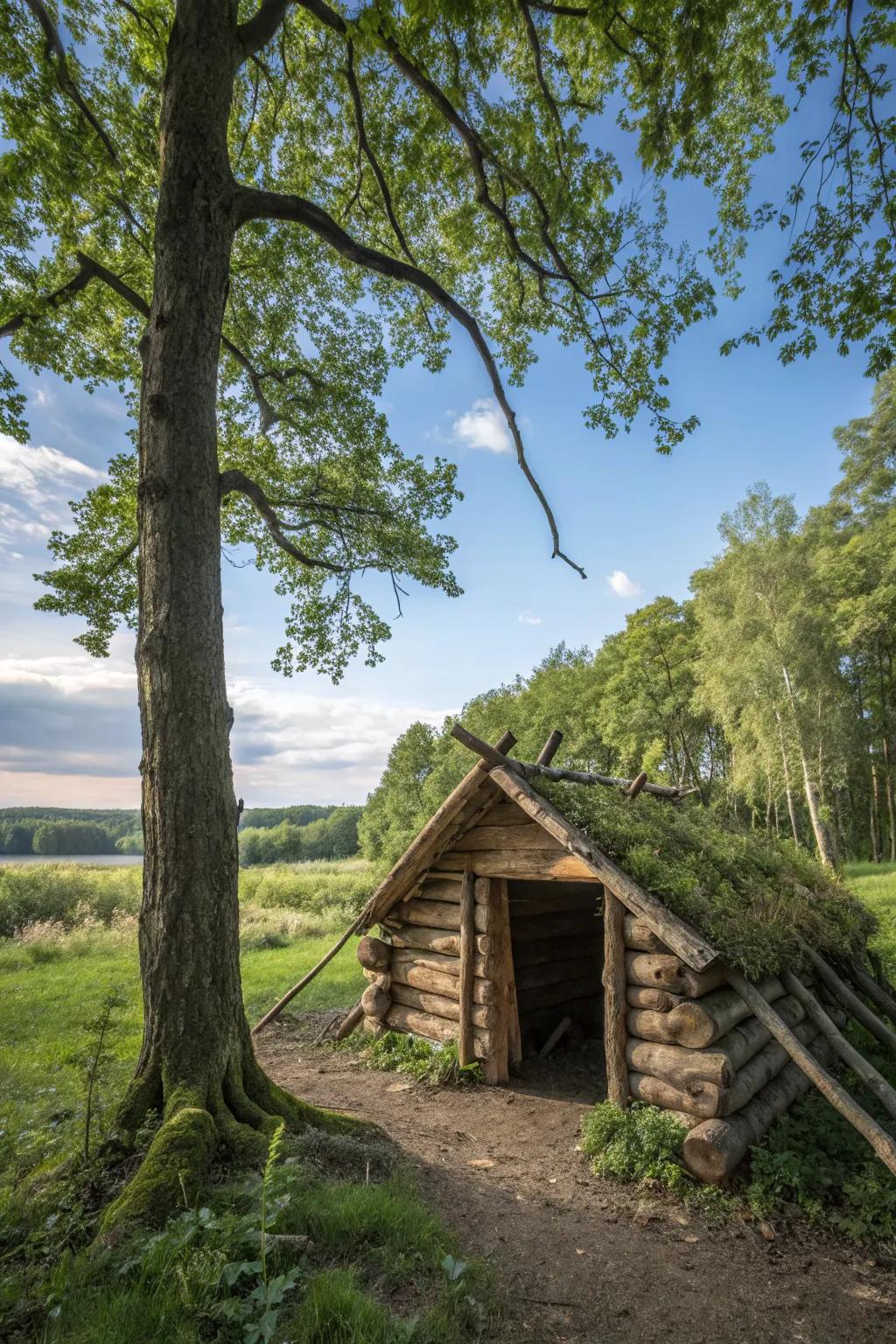 A rustic log cabin pig house nestled in nature.