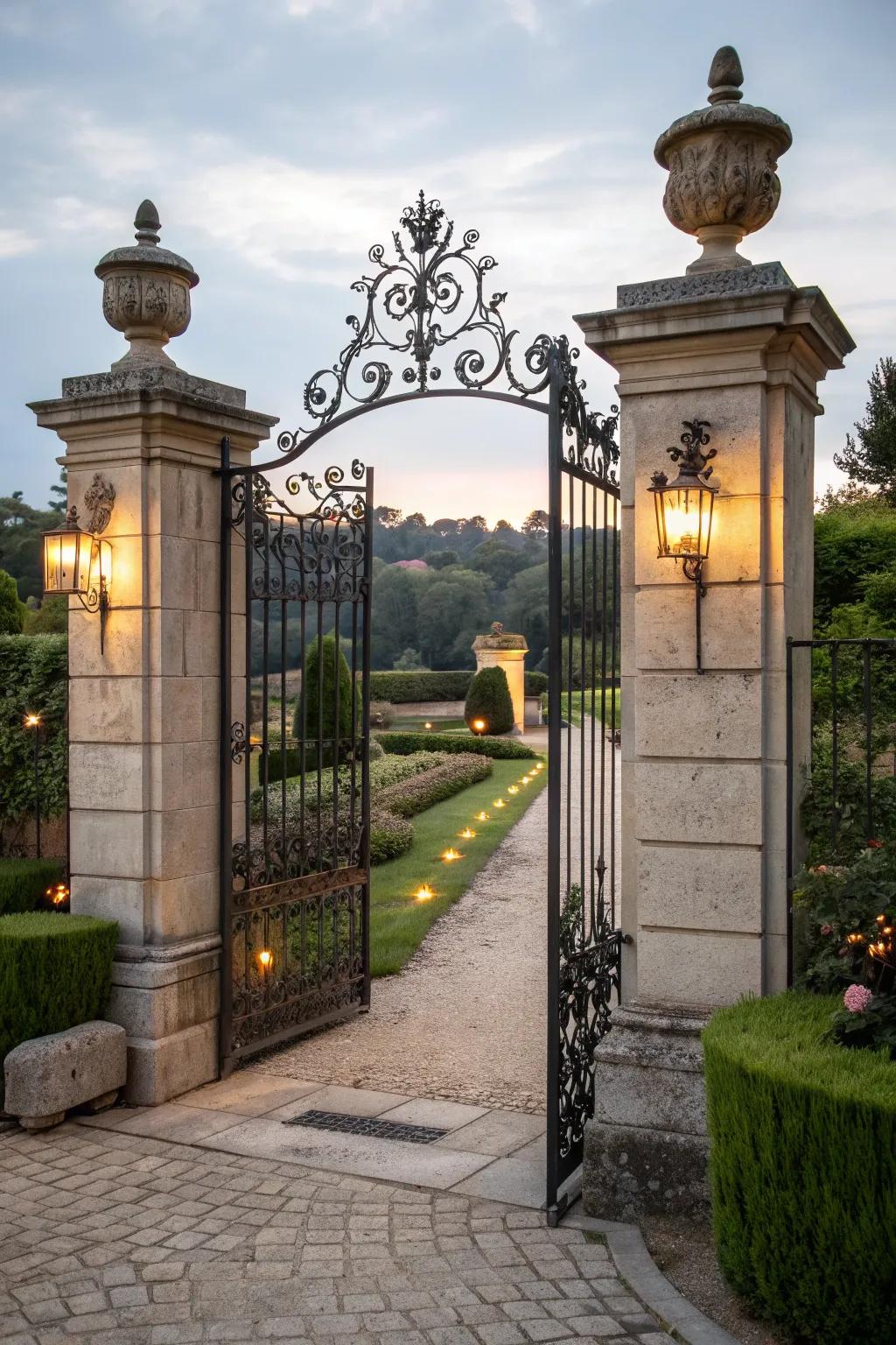 Wrought iron and stone pillars create a regal entrance.