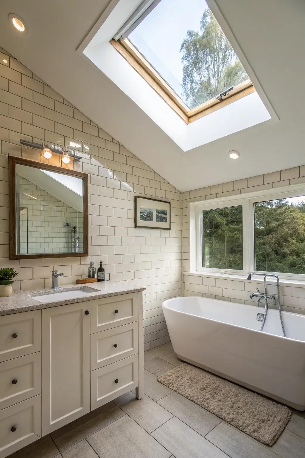 A bathroom transformed into a spa-like retreat with skylights.