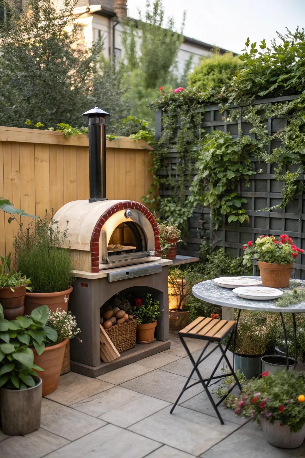 A compact pizza oven that fits perfectly in a small outdoor space.