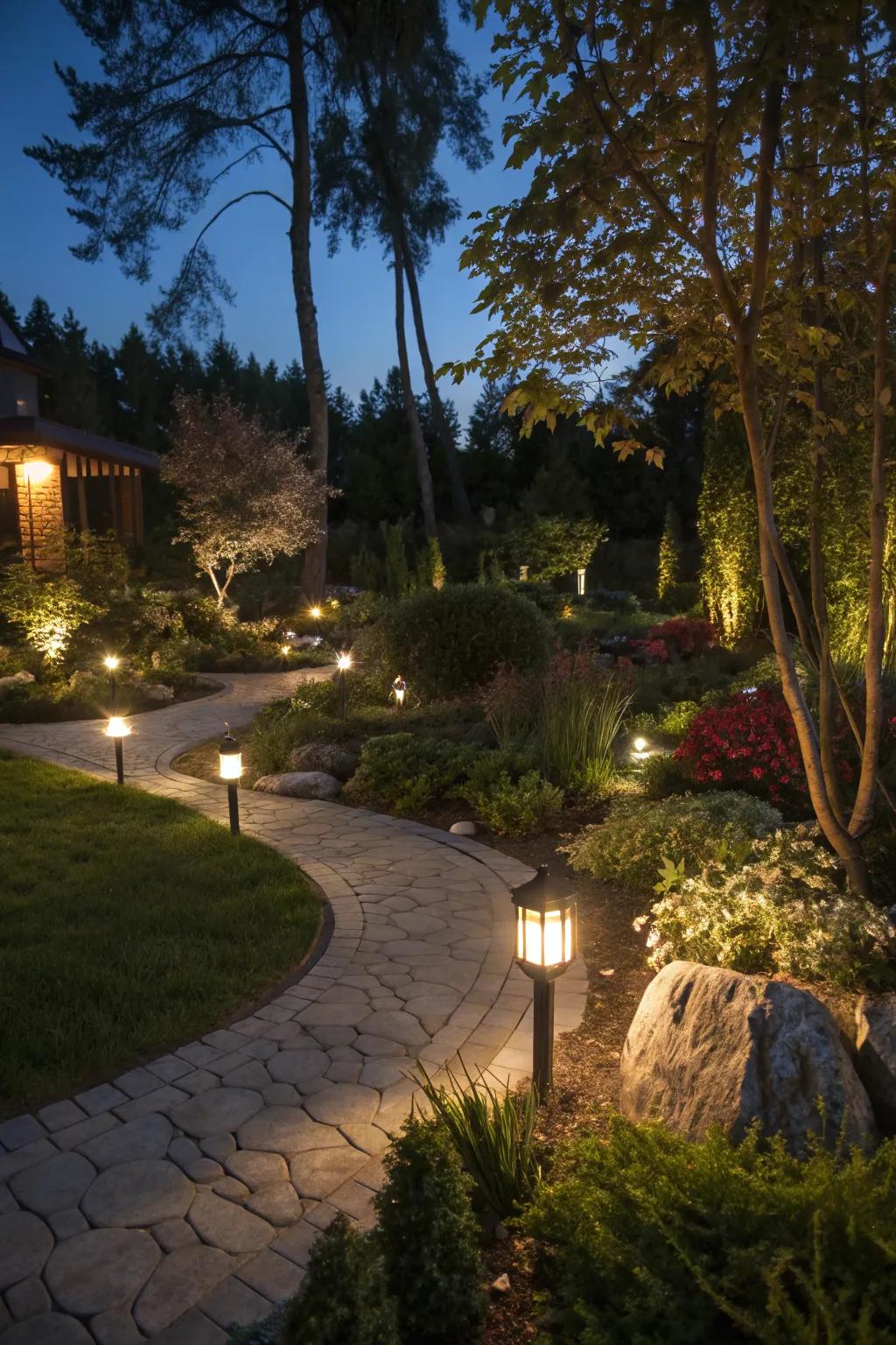 Outdoor lighting creating a magical evening atmosphere.
