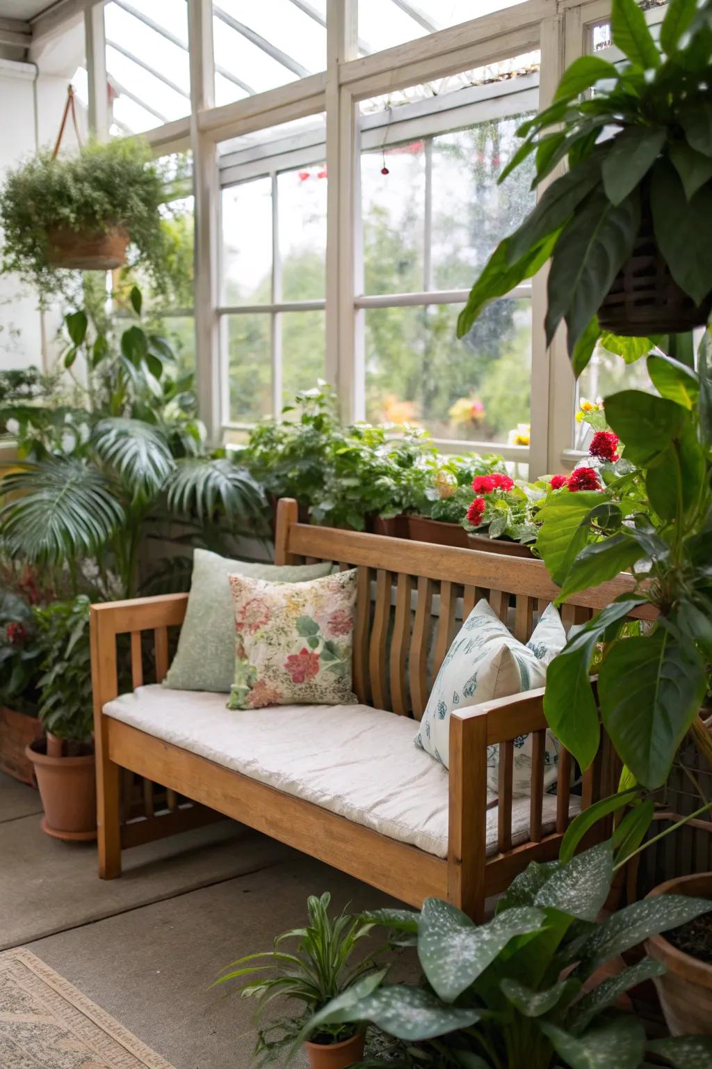 A relaxing seating nook amid the greenery.