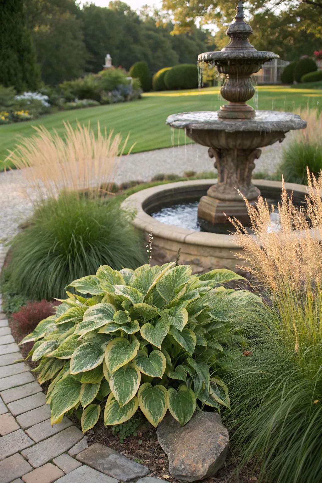 Contrasting textures add dynamic interest to fountain surroundings.
