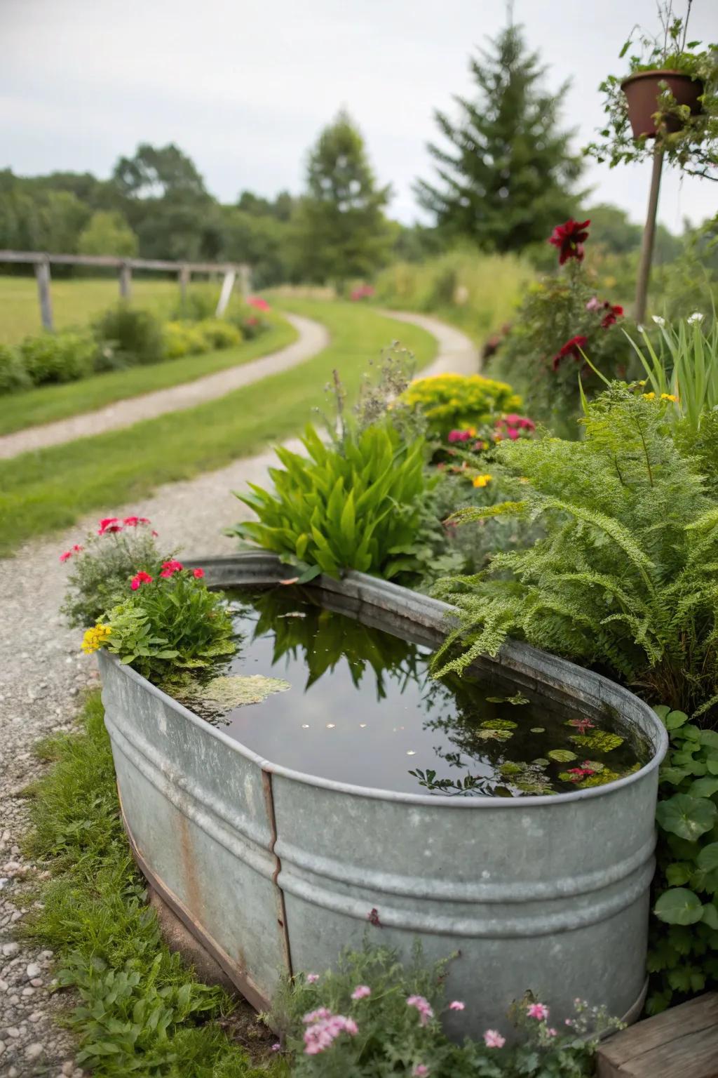 Galvanized trough pond providing a rustic touch to a garden setting.