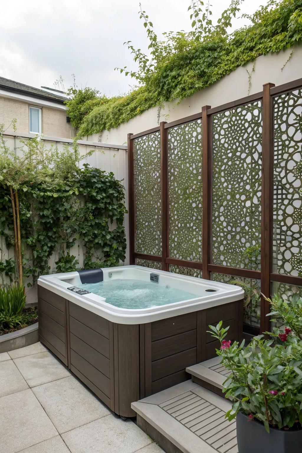 Privacy screens create a secluded and intimate hot tub area.
