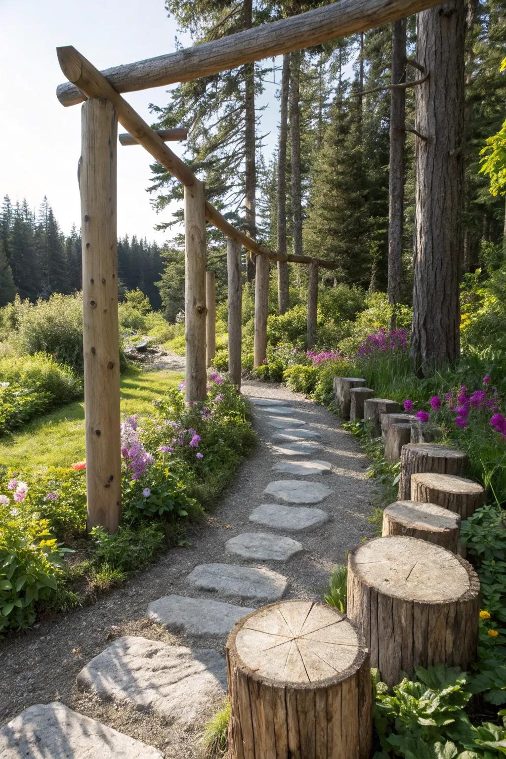 Balance beams transform paths into playful trails, perfect for imaginative journeys.