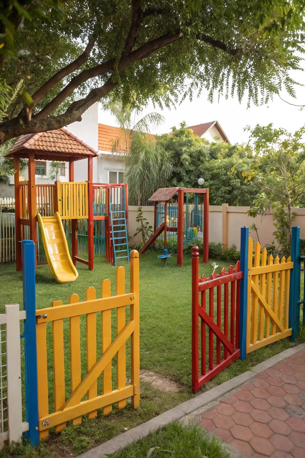 Multiple gates enhance accessibility and traffic flow in playgrounds.