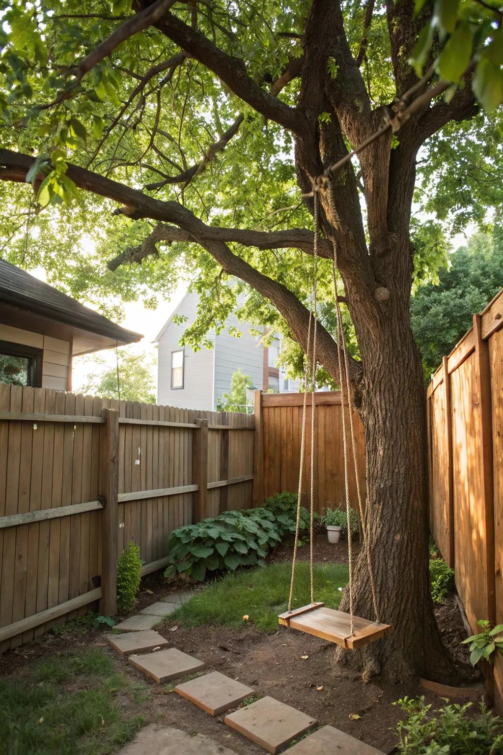 Tree-hung swings offer timeless, relaxing play.