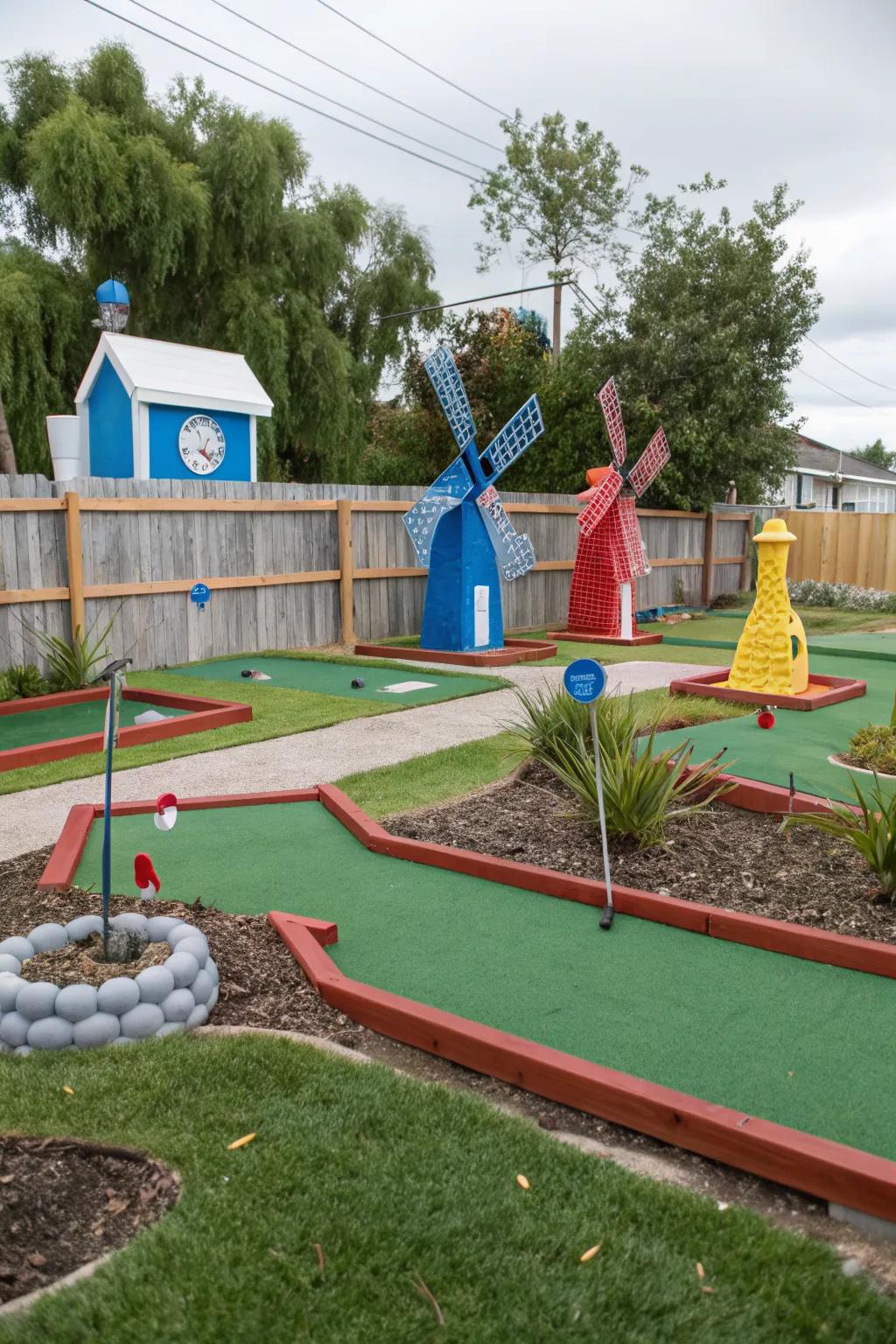 A mini golf course on turf brings playful competition to the backyard.