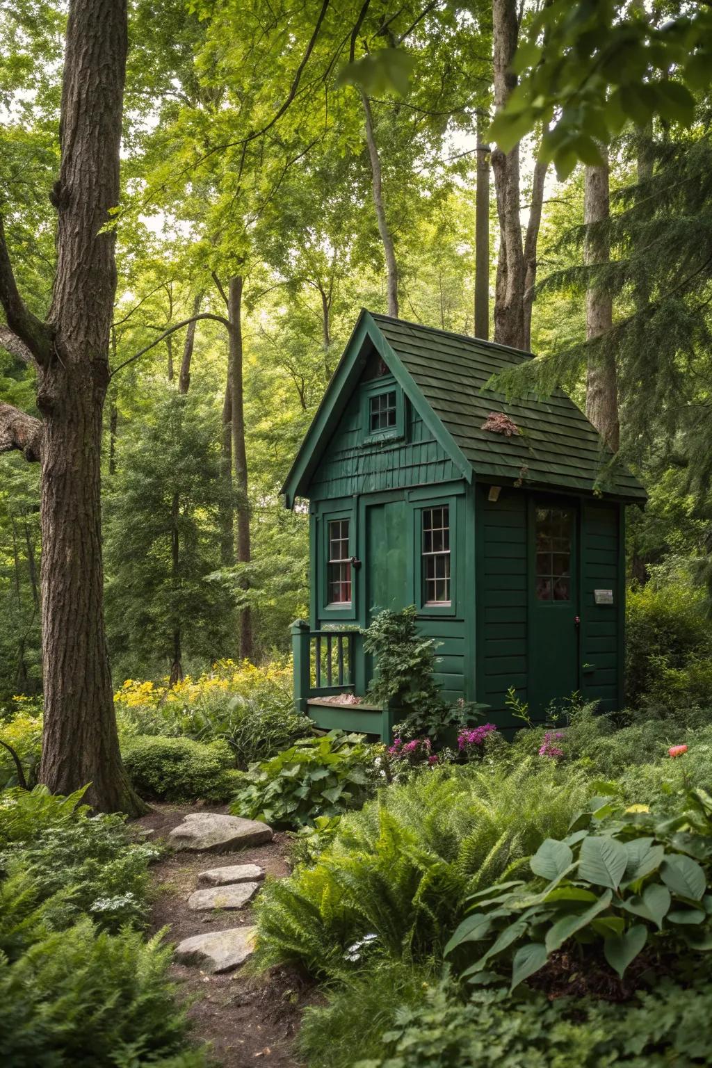 Deep greens create a harmonious forest retreat.