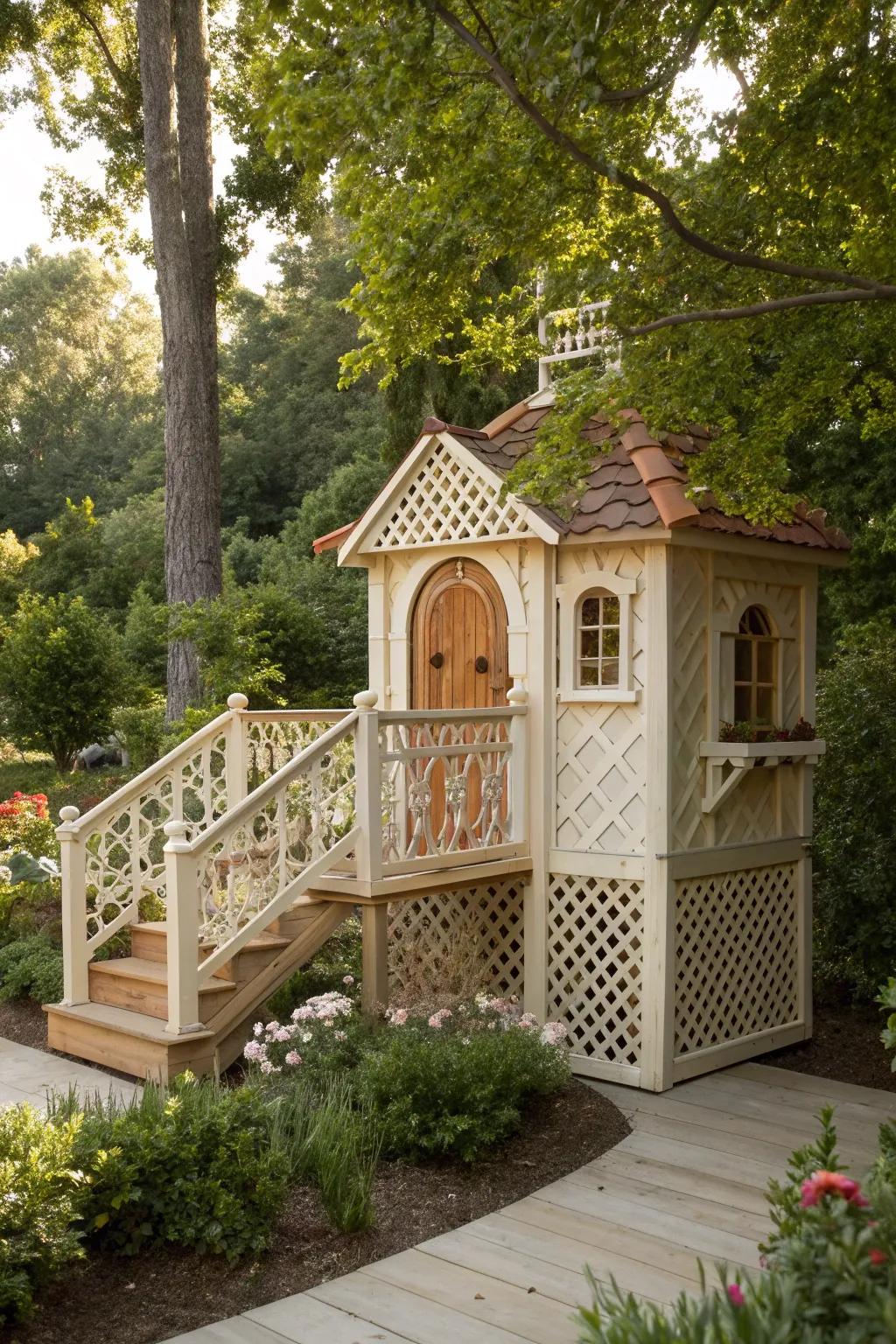 Lattice panels offer a stylish and airy feel to playhouse railings.
