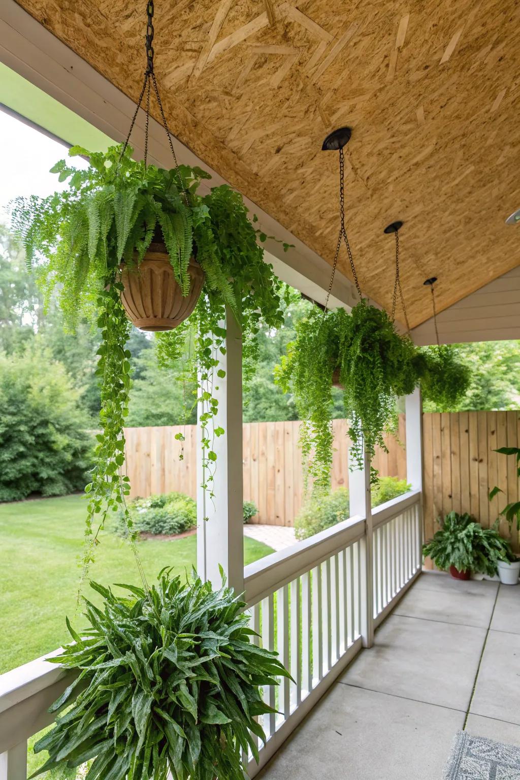 Hanging plants from the ceiling add a refreshing touch to your porch.