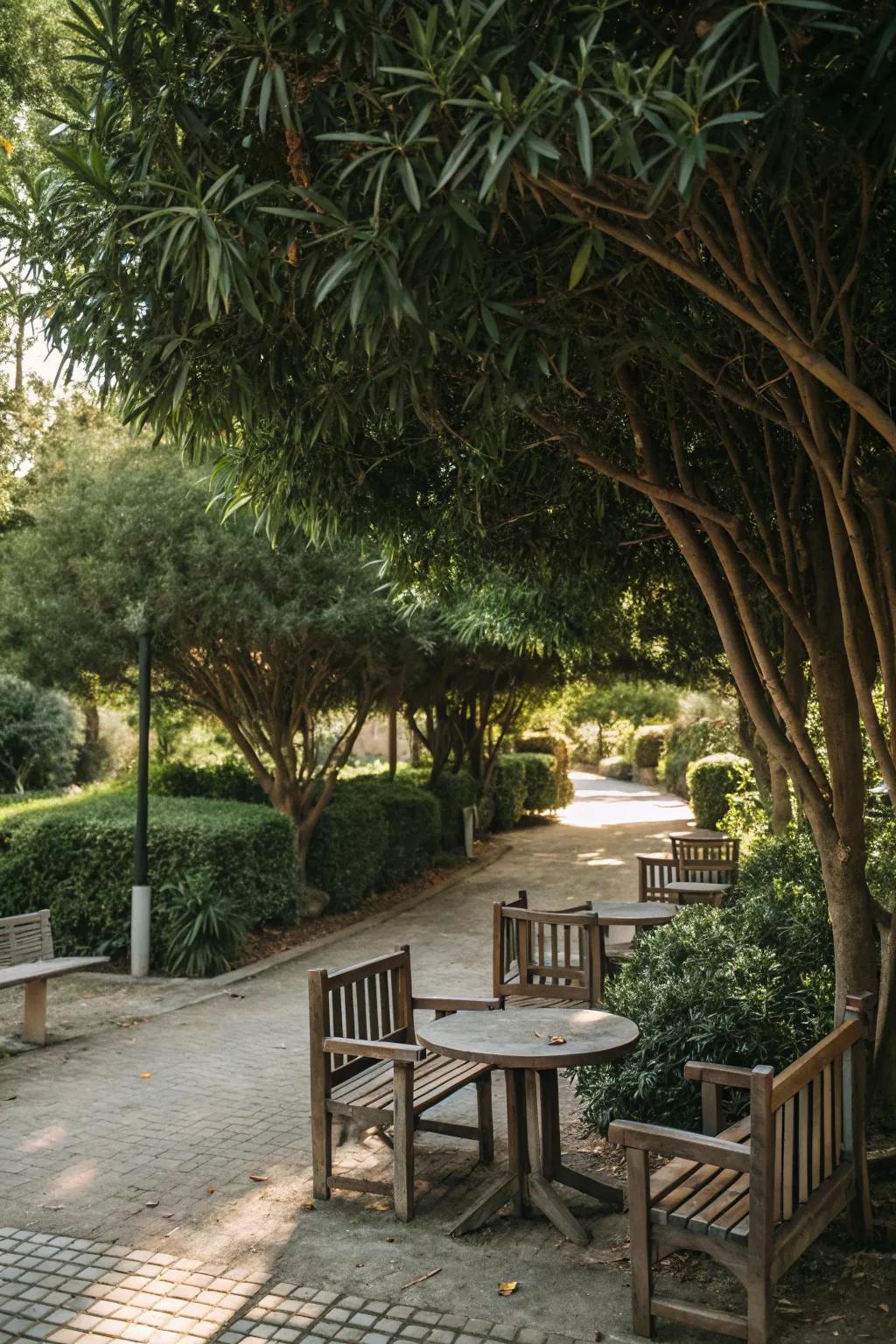 Cozy seating area enveloped by lush podocarpus.