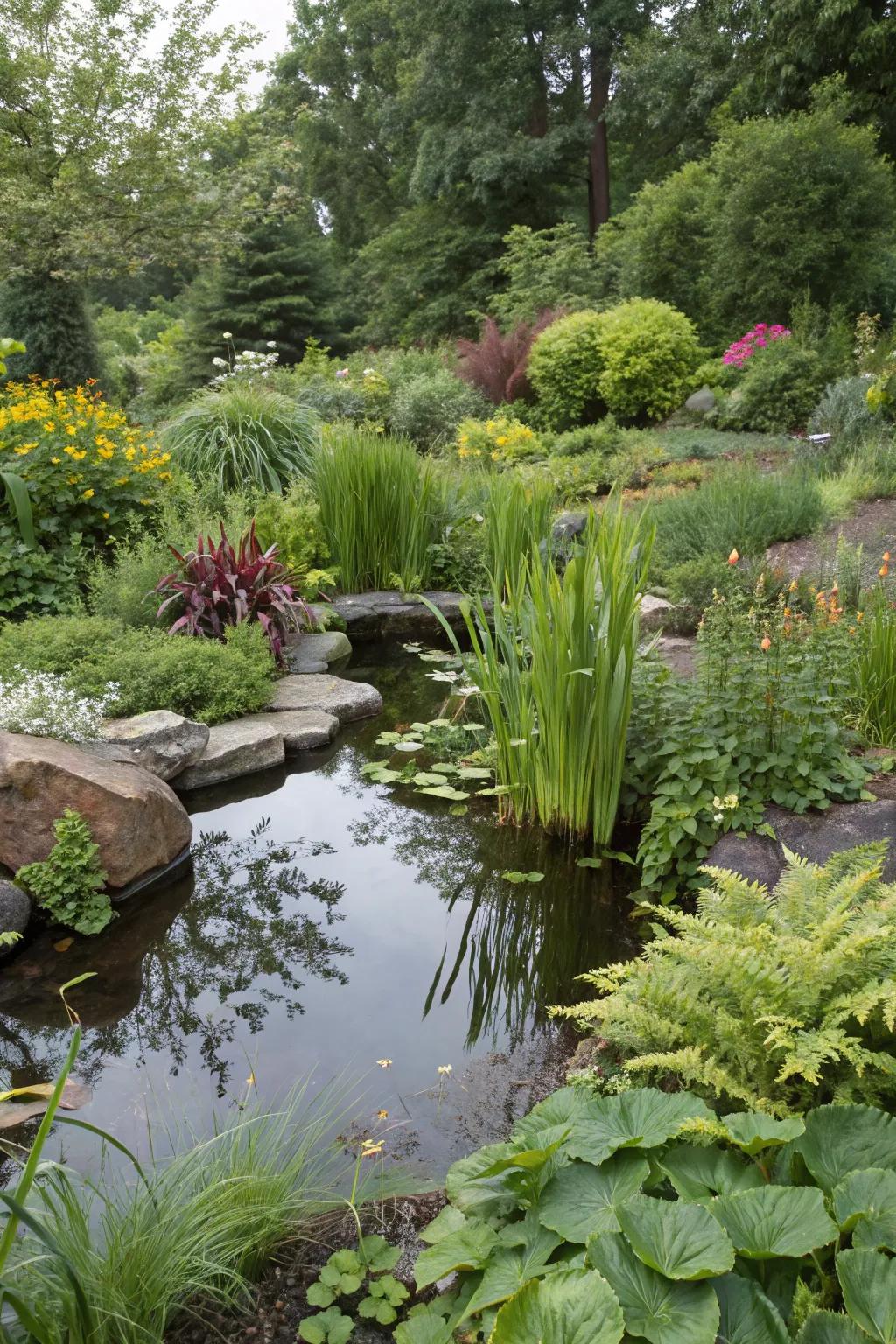 Rain gardens manage runoff and support biodiversity.