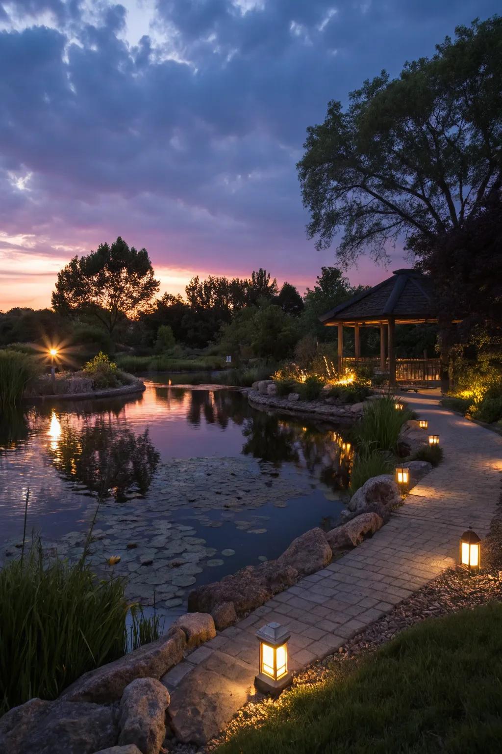 Solar lights create a magical ambiance around your pond at night.