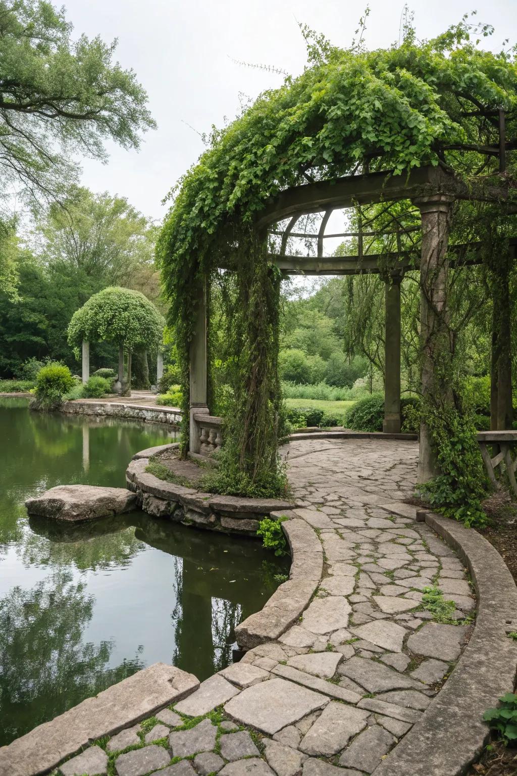 A decorative arbor casting enchanting shade over a pond.