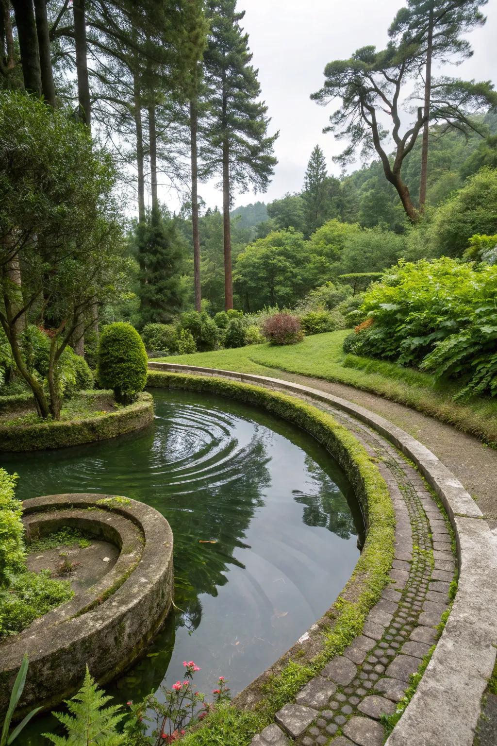 Spiral ponds create a whimsical and meditative garden feature.