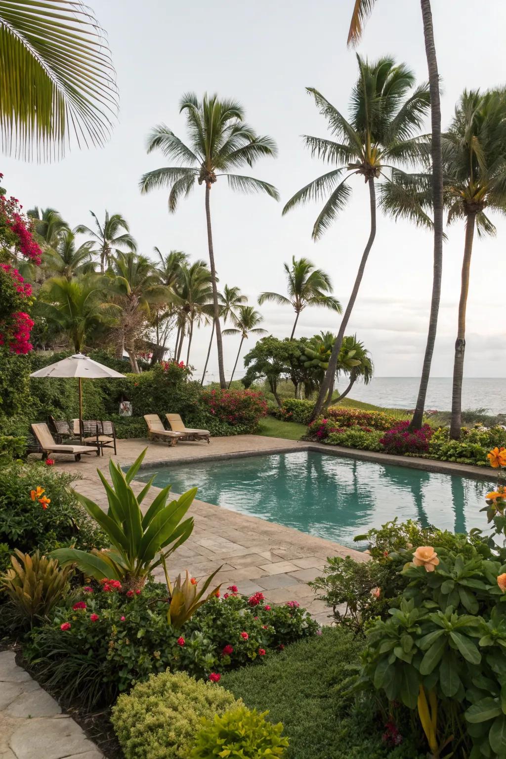 Tropical plants create an exotic oasis around the pool.
