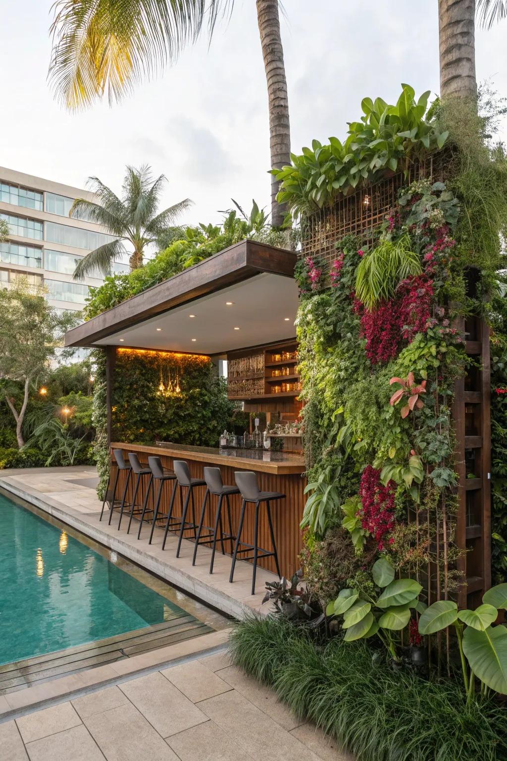 Vertical gardens bring fresh, natural beauty to your poolside bar.