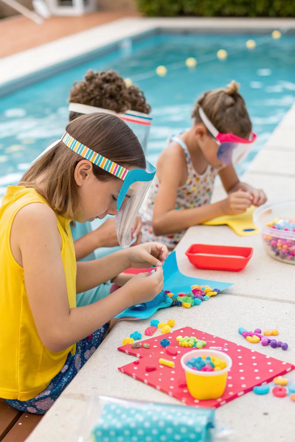 Kids enjoying a creative craft station at the pool party.