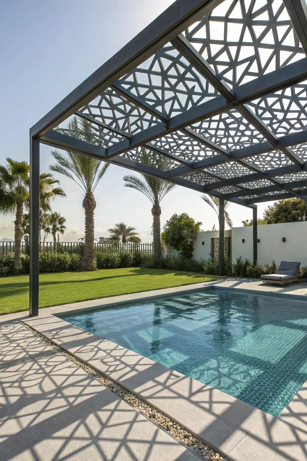 Geometric designs bring a modern and artistic touch to poolside canopies.