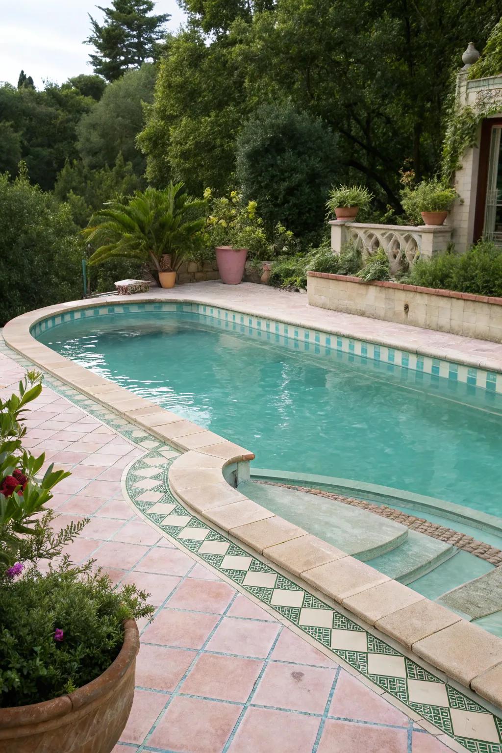 Pastel colors provide a vintage charm to the pool area.