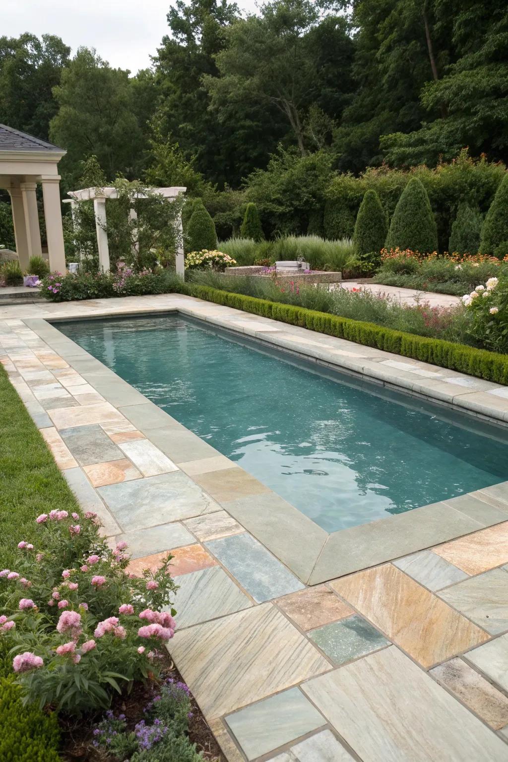 Quartzite tiles offer stunning natural patterns for your pool.