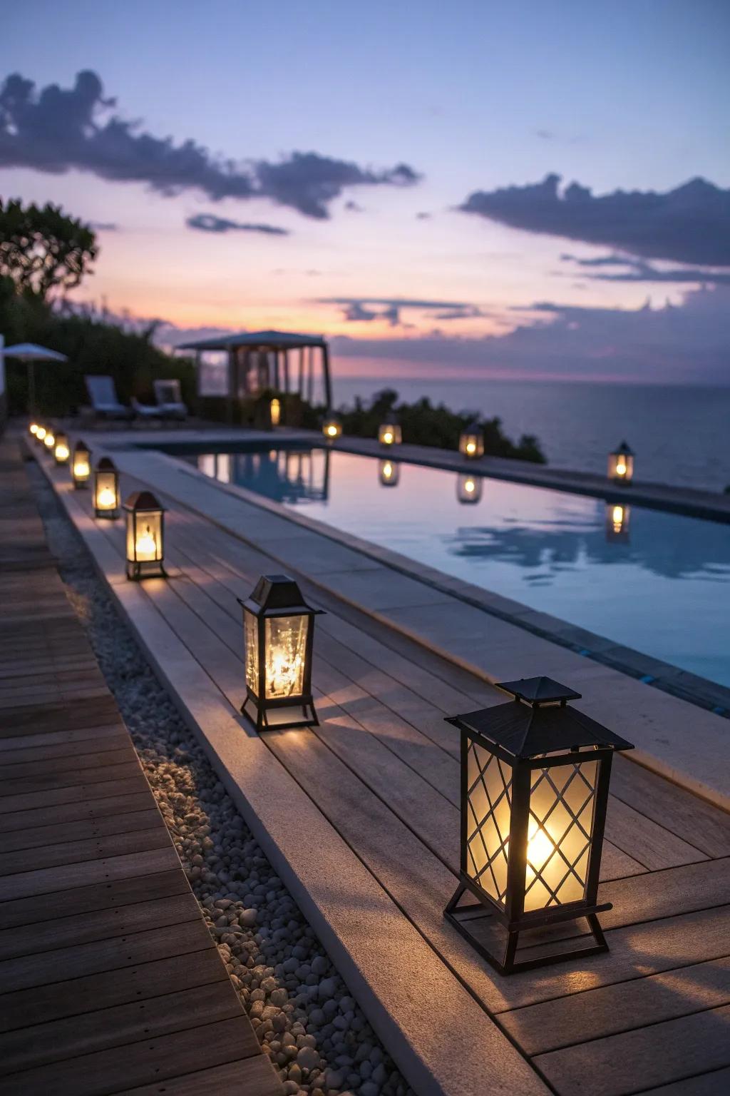 A pool deck illuminated with solar-powered lanterns.