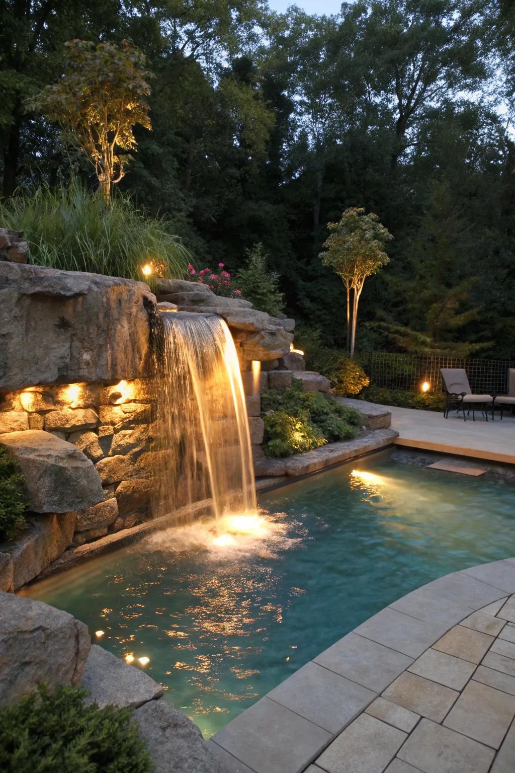 Waterfall illuminated to create a stunning focal point.