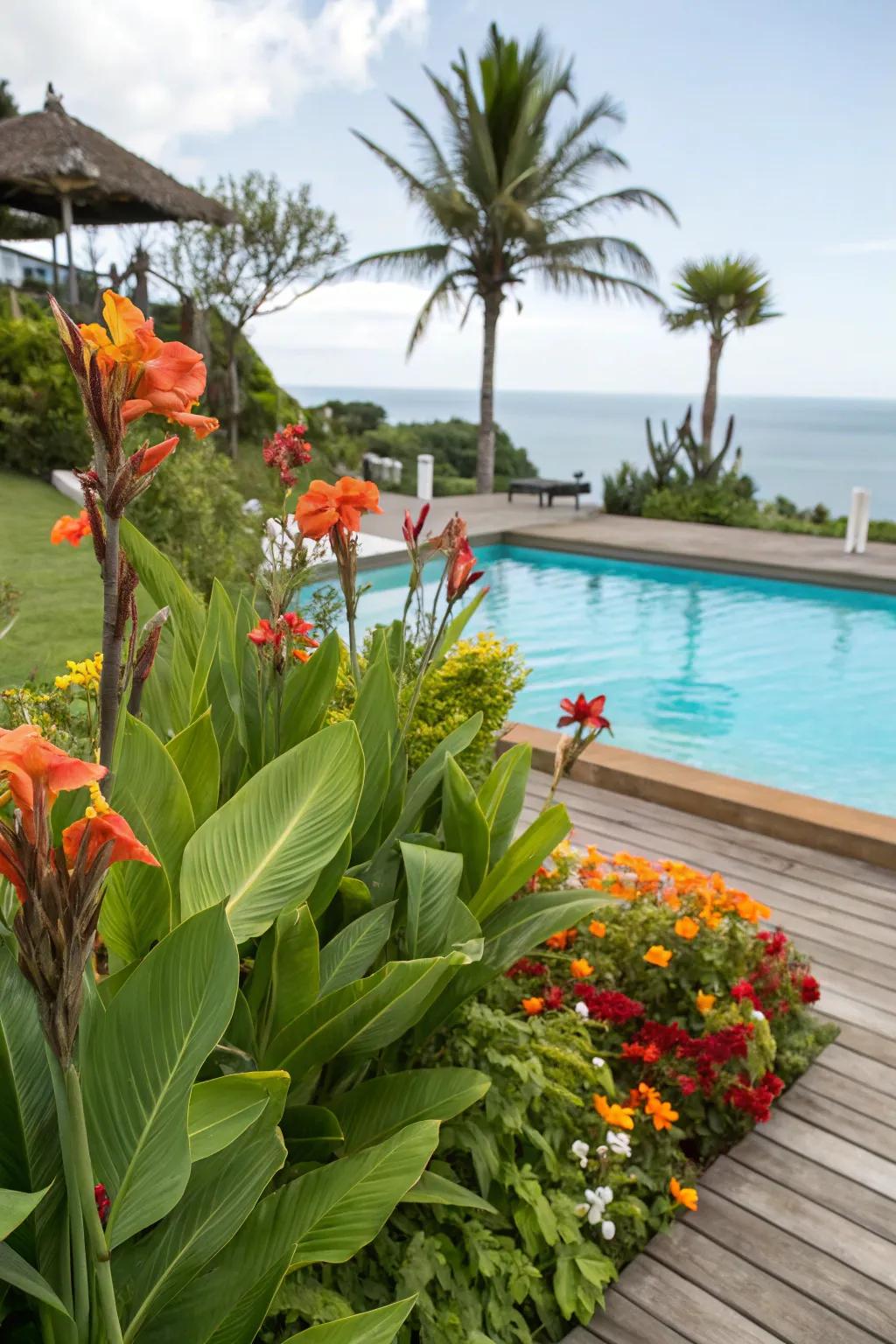 Water-loving plants create a serene, pond-like atmosphere.