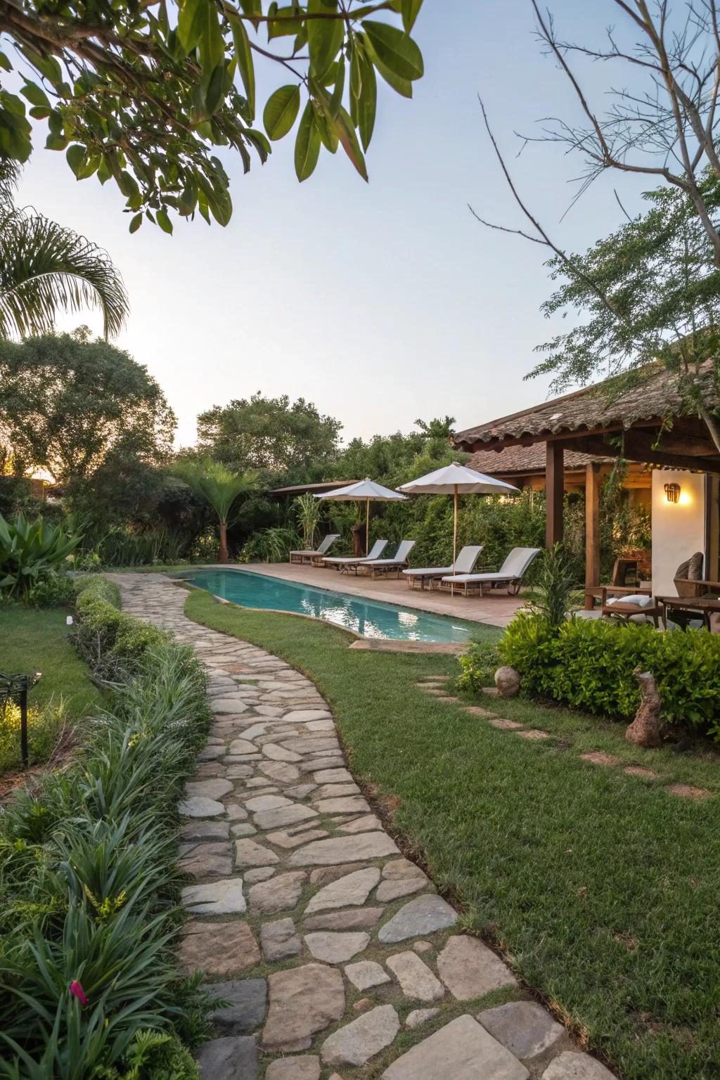 Stonework paths guide guests and add charm to your pool area.