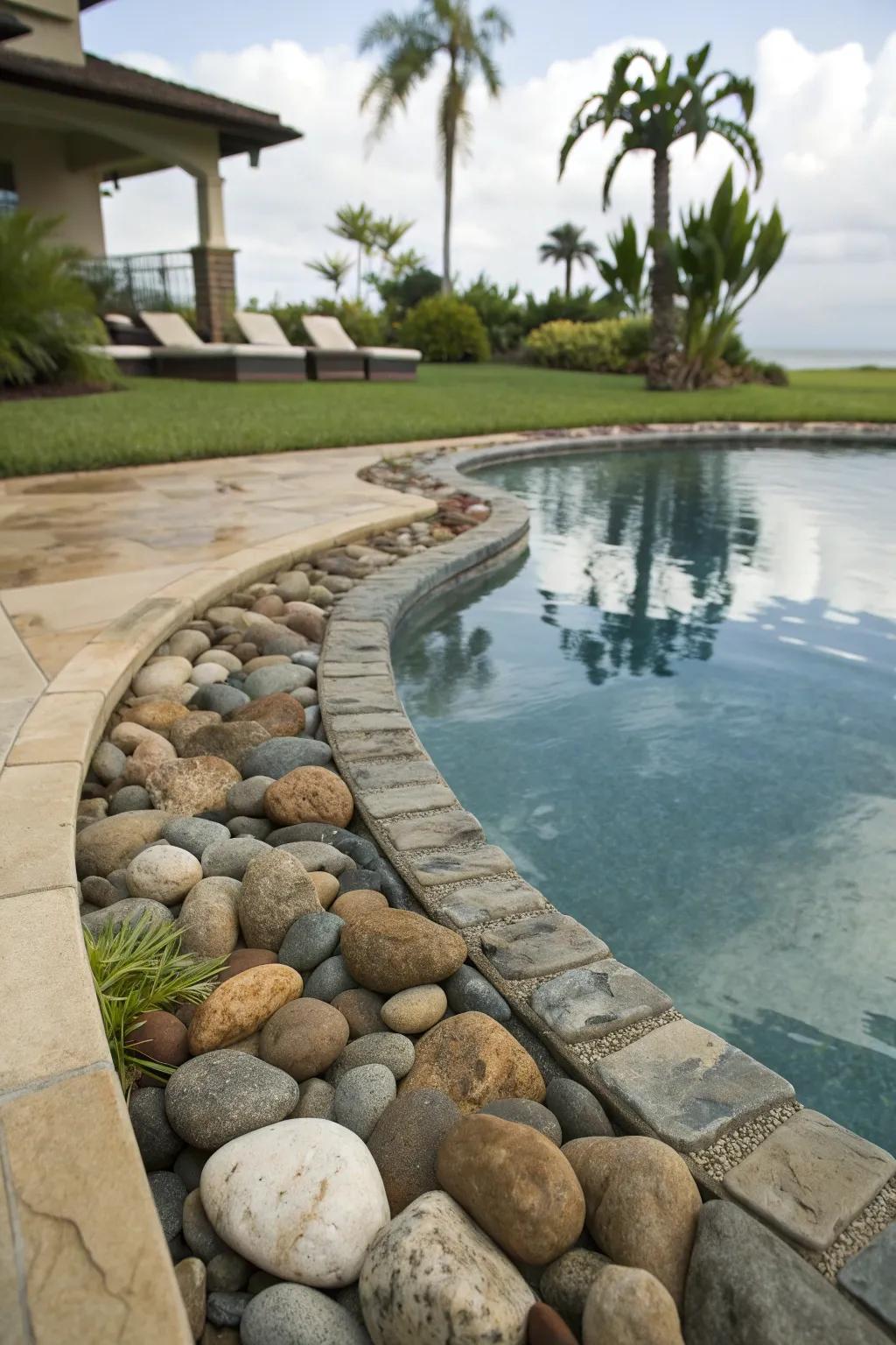 Mixed stone bands offer texture and visual interest at pool edges.