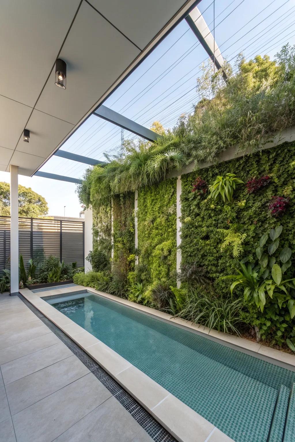 Vertical gardens offer a fresh and dynamic way to add greenery to your pool enclosure.