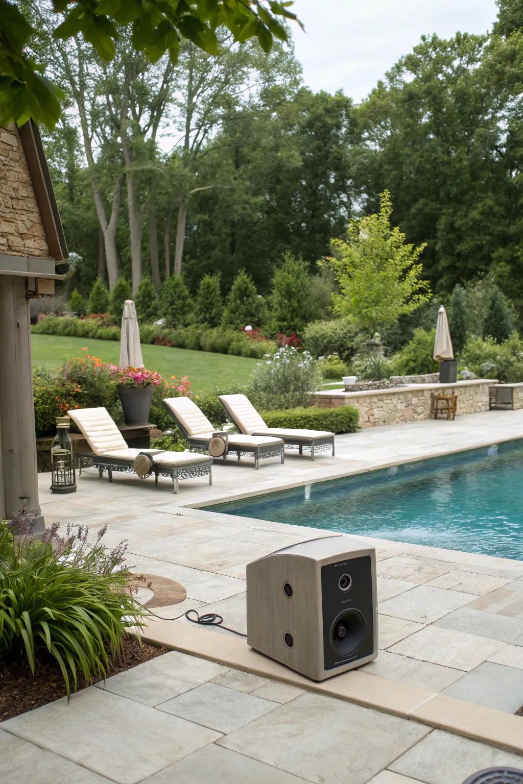 A poolside area with hidden outdoor speakers integrated into the landscape.