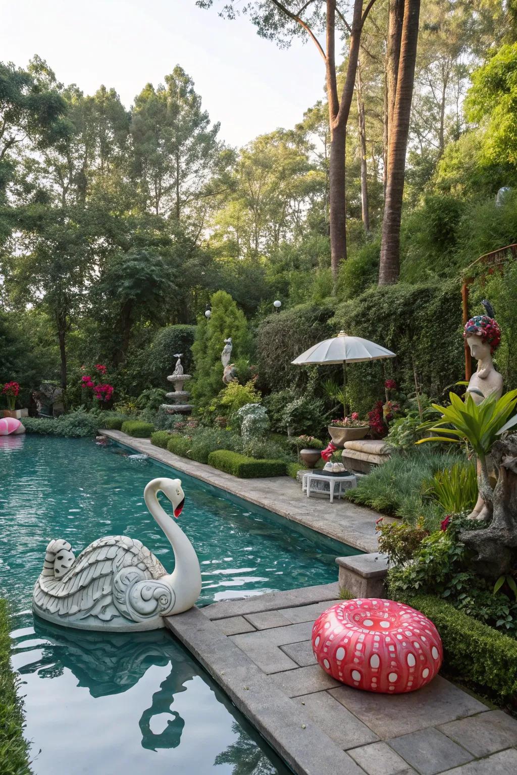 Garden art adds whimsy and charm to your poolside space.