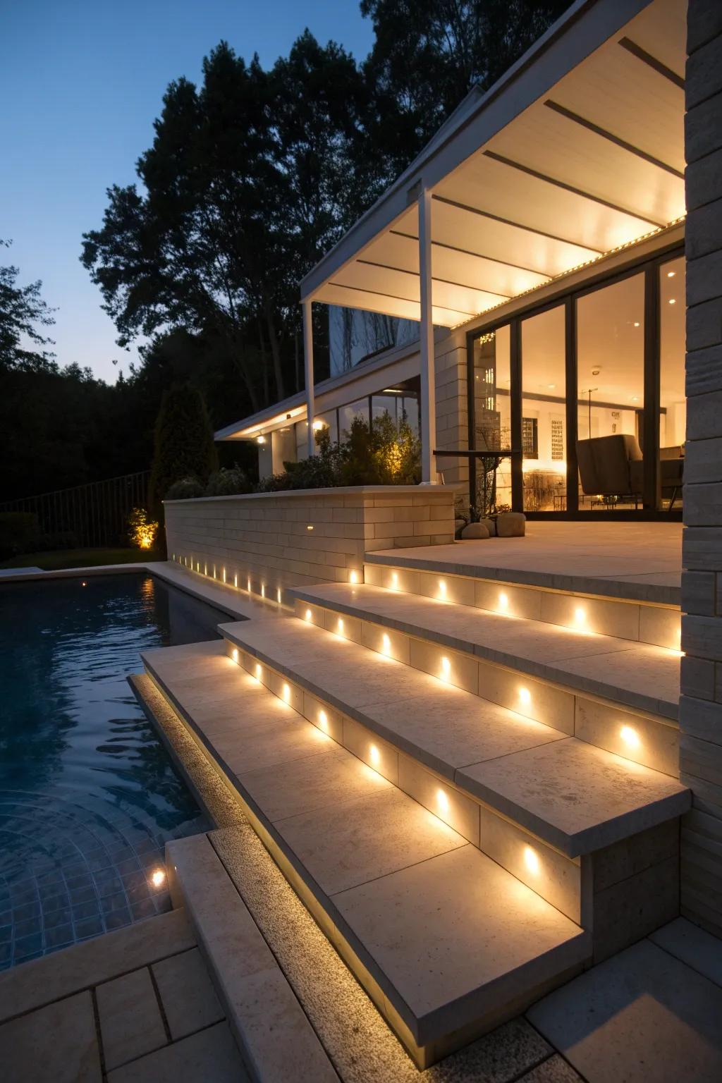Integrated step lights ensure safety while complementing the design.