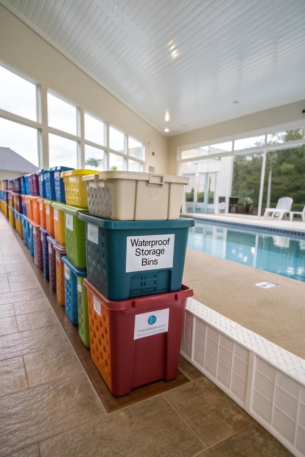 Waterproof bins protect your supplies from the elements.