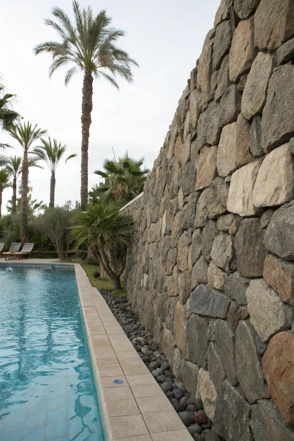Rock walls offer privacy and enhance the natural aesthetics of your pool.