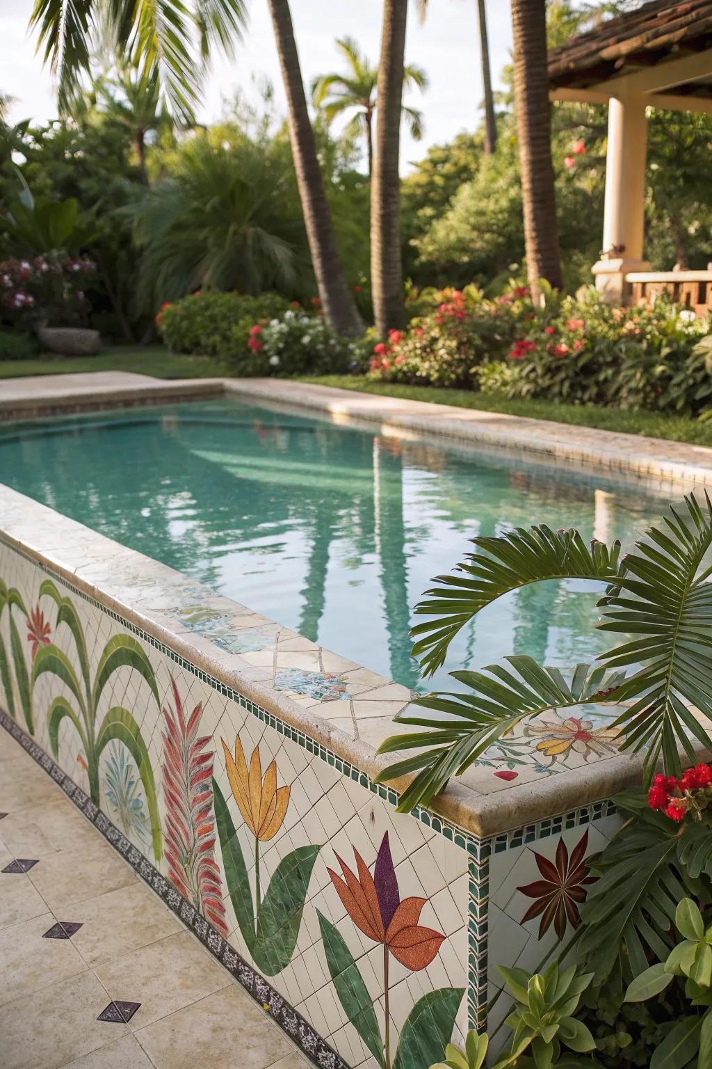 A tropical-themed pool with palm leaf and flower mosaics.