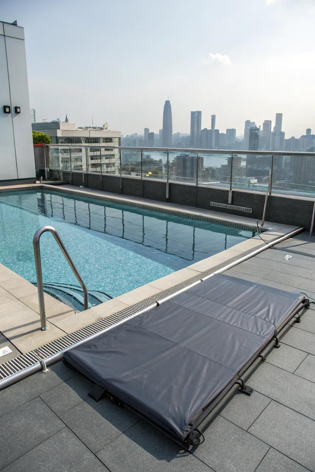 A rooftop pool equipped with a convenient automatic cover.
