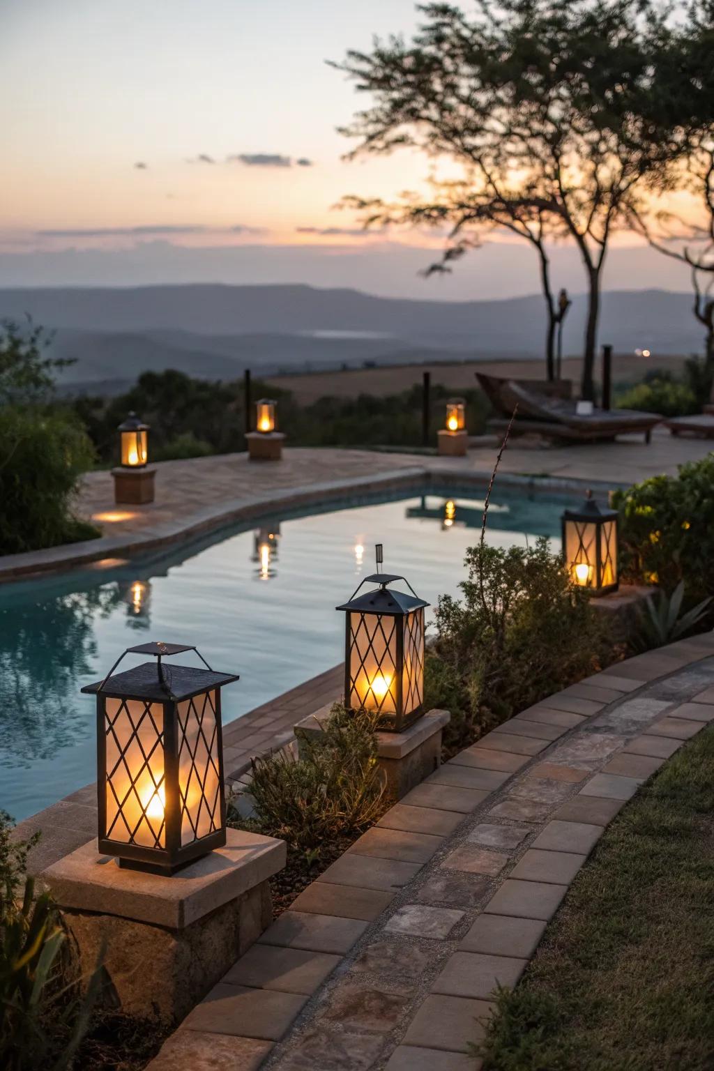 Solar-powered lanterns enhance poolside ambiance with eco-friendly lighting.