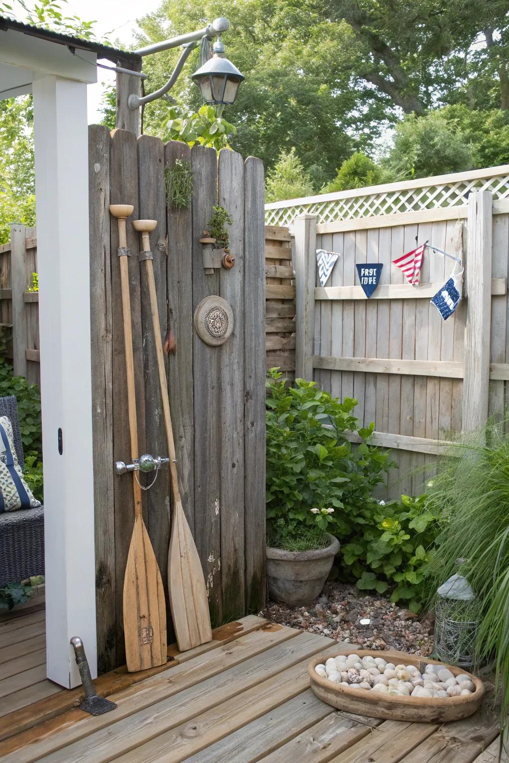 Nautical elements bring a coastal charm to your outdoor shower.