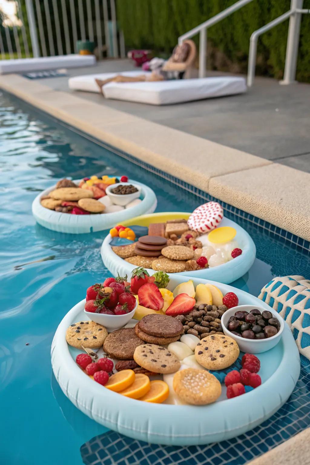 Floating snack platters in a pool, offering easy access to assorted treats.