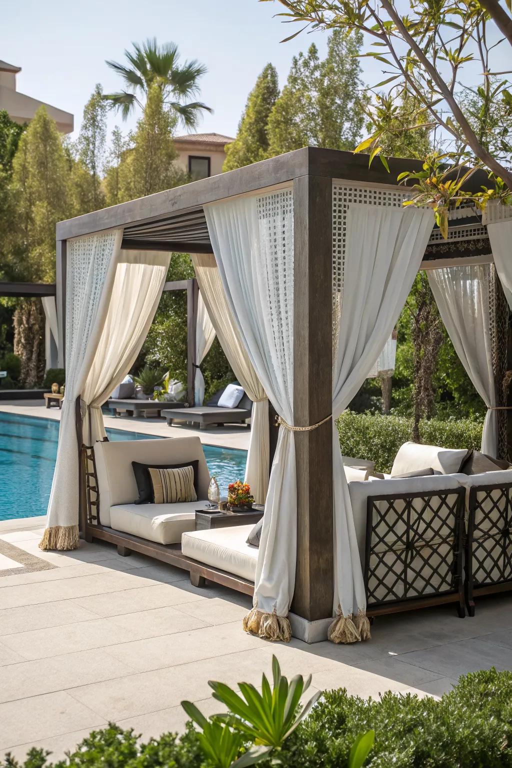 Cabanas offer a stylish and private retreat by the pool.