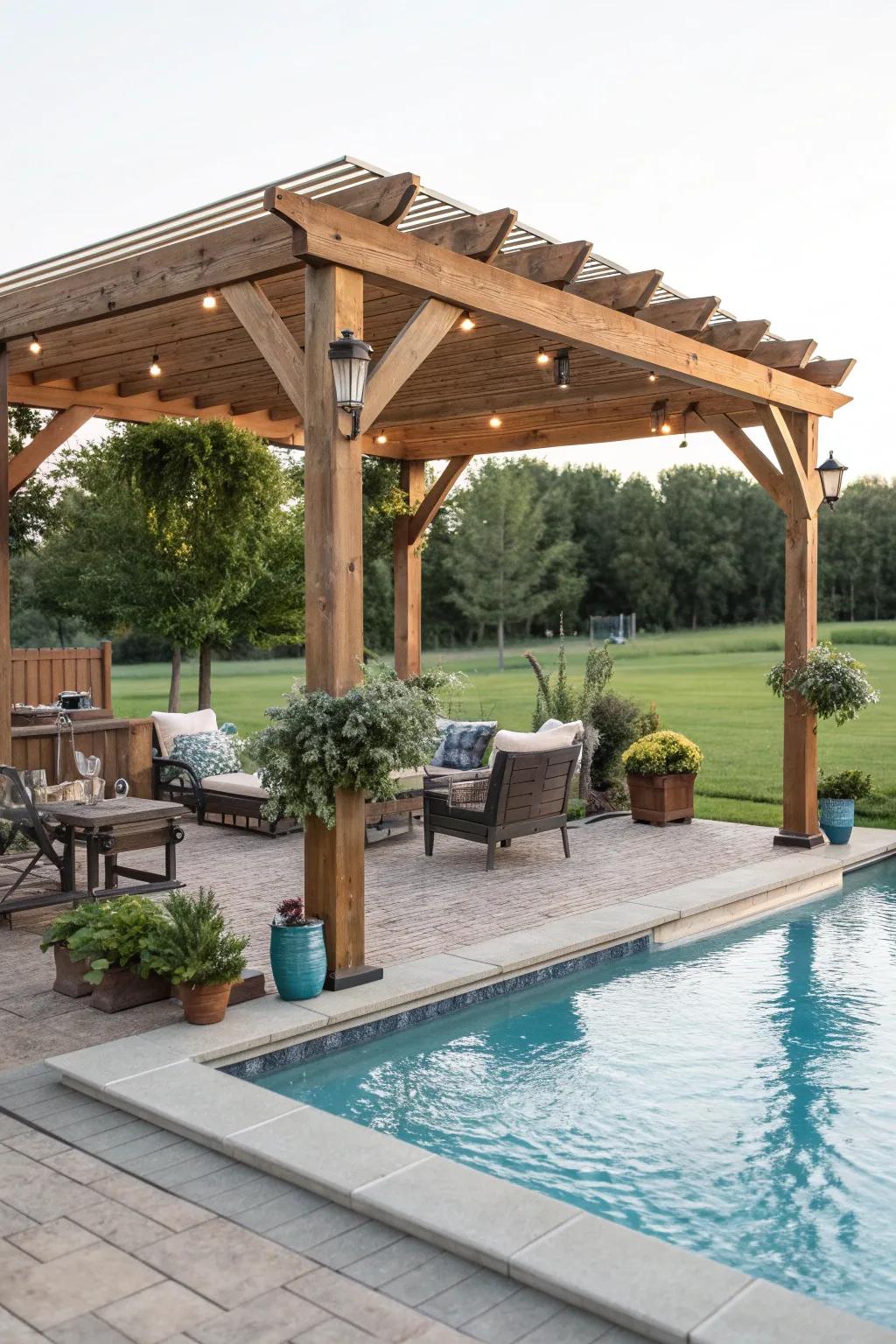 A DIY pergola offers shade and a focal point.