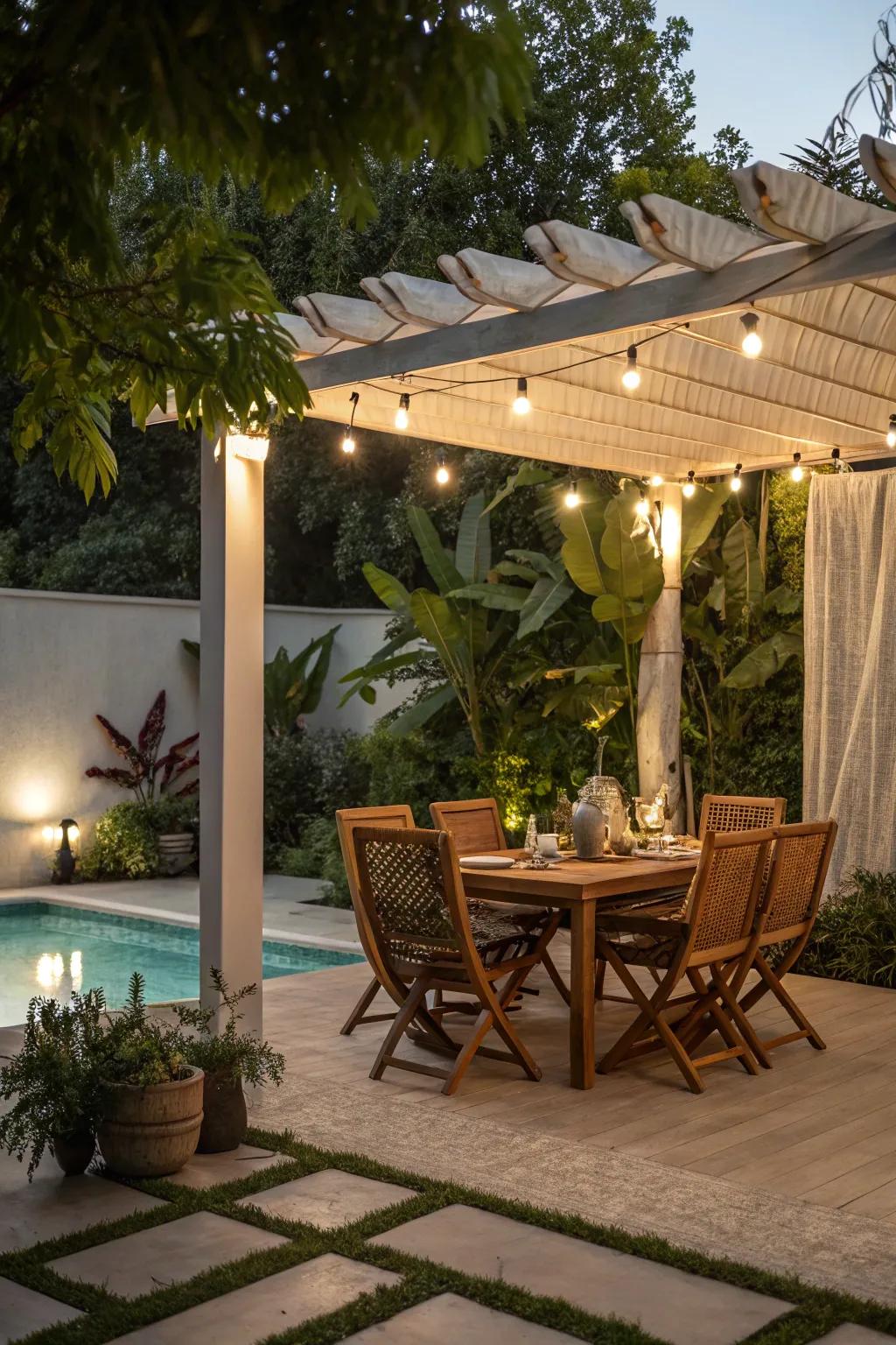 Pergola lighting defines intimate spaces for dining and relaxation.