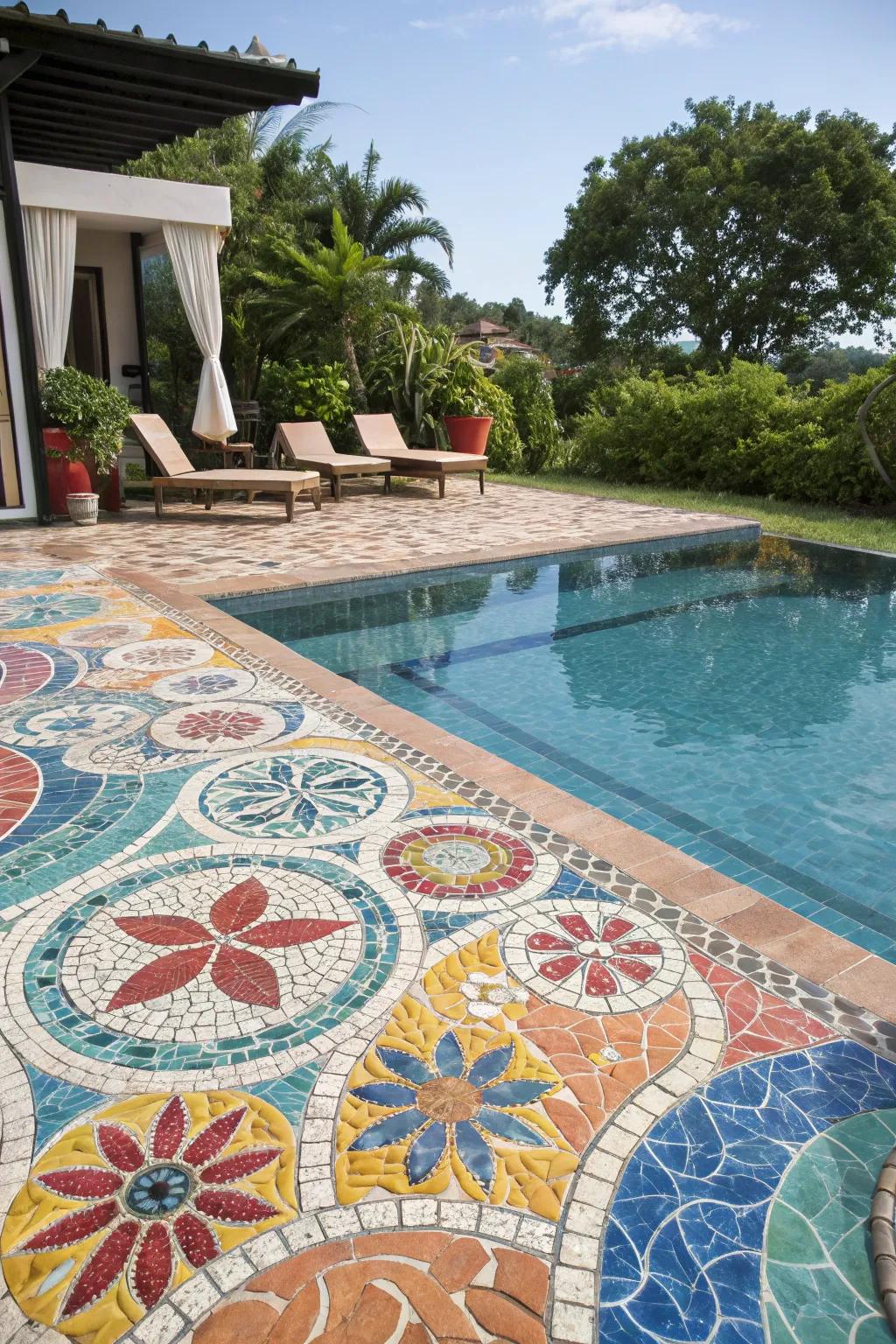 Liven up your pool area with creative mosaic tile patterns.