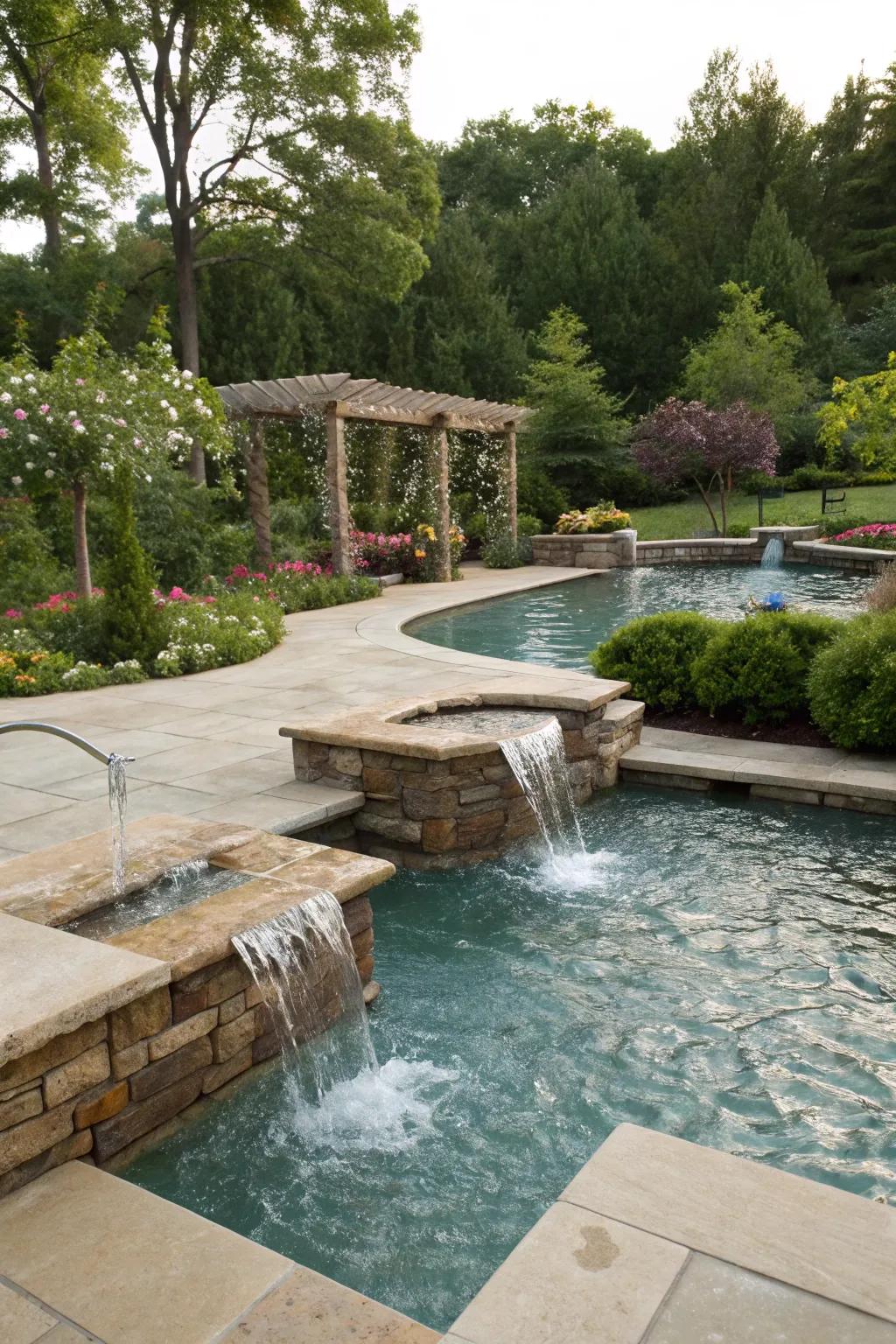 A pool enhanced by water features.
