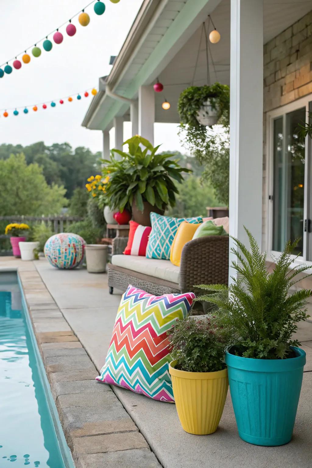 Vibrant color accents enlivening a poolside porch.